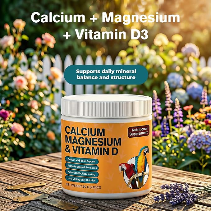 Bird Calcium Supplement with Magnesium & Vitamin D3, Water-Soluble Powder for Bone, Feather & Eggshell Support, Easy-Mix Daily Nutrition for Parrots & Companion Birds, 60 g