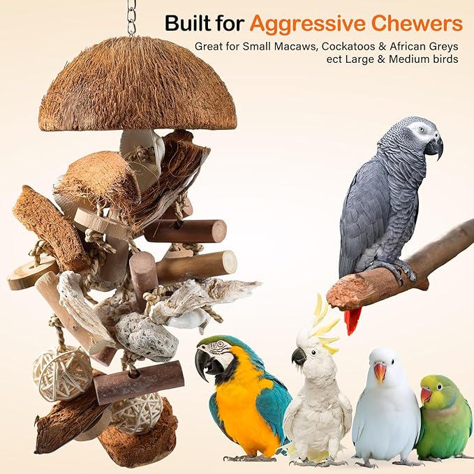 Natural Bird Toys for Parrots – 18in Handmade Shredding & Foraging Toy with Coconut Shells, Wood Blocks & Lava Stones – Parrot Toys for Sun Conures, Conures, Caiques, Cockatiels, Quaker Parrots