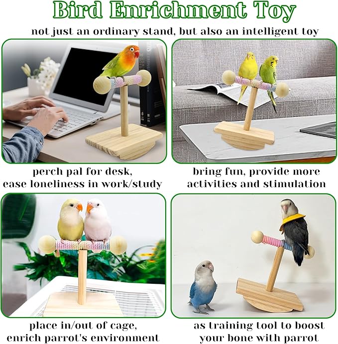 Natural Wood Bird Perch Stand Training, Intelligence Puzzle Enrichment Toys for Parakeets, Wooden Parrot Perch Platform, Bird Playground Play Stands for Conure, Cockatiel, Budgie Interactive Toys