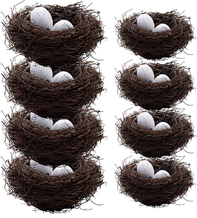 24PCS Small Faux Bird Nests with Eggs – Handmade Rattan Bird Nests for Easter, Weddings, Home Parties, and Christmas Tree Decorations – Includes Mixed Size Nests and Assorted Eggs