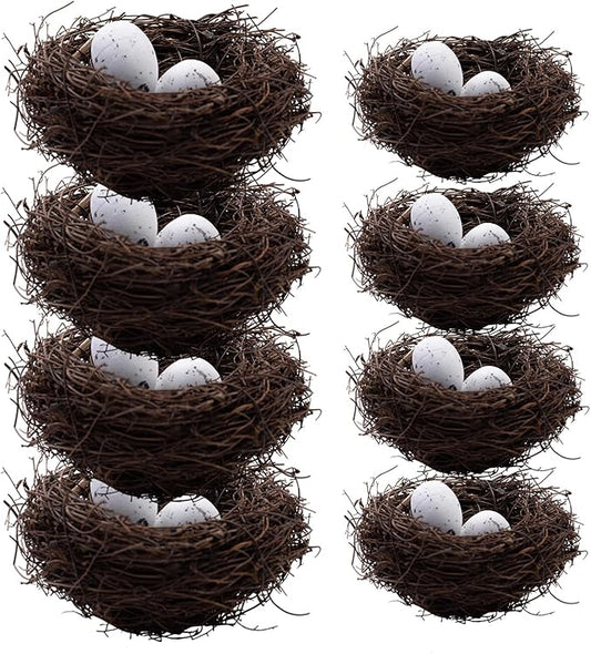 24PCS Small Faux Bird Nests with Eggs – Handmade Rattan Bird Nests for Easter, Weddings, Home Parties, and Christmas Tree Decorations – Includes Mixed Size Nests and Assorted Eggs
