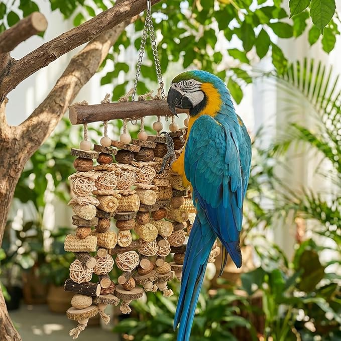 Macaw Toy, Parrot Toys for Large Birds, 14.5 Inch Extra Large Bird Chewing Toy Wall with Natural Wood, Corn Cobs and Rattan Balls, Hanging Foraging Cage Accessories for African Grey, Cockatoos