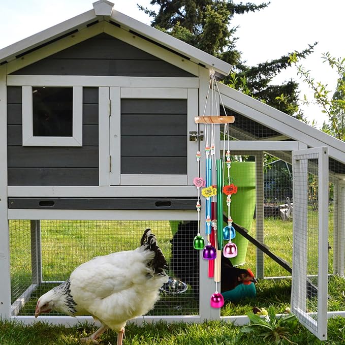 Chicken Toys for Coop, Enrichment Toys Wind Chimes Home Garden Colorful Art Hanging Chick Peck Toy Decoration with Bells Fun & Interactive Hens Brooder Accessories for Bird Parrot Lovebird