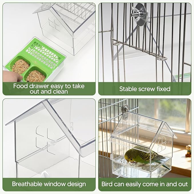 Bird Cage Feeder Parakeet Bathtub Feeding Watering Hanging Shower Box Cage Accessories for Parrot Cockatiels Parakeets, Green