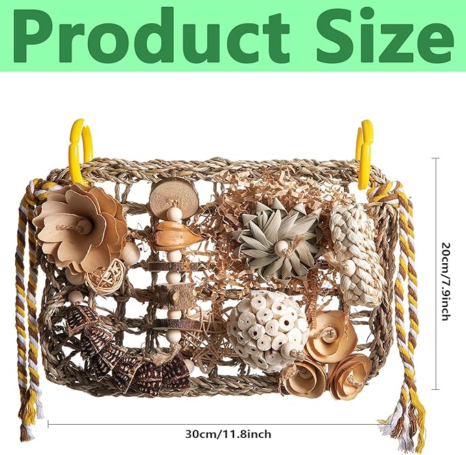 Bird Foraging Wall Toy, Seagrass Woven Climbing Hammock Mat with Chewing Toys,Parrot Shredding Hanging Toys for Cockatiel Lovebird Parakeet Budgie Small-Medium Birds (Large)