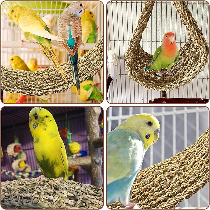kathson 2 Pcs 29.5 x 7 Inches Large Bird Seagrass Mat, Bird Hammock for cage，Bird Seagrass Woven net，Climbing Rope Ladder with Hooks, Chew Toys for Pigeon Cockatiel Conure Budgie Cockatoo Rat Hamster