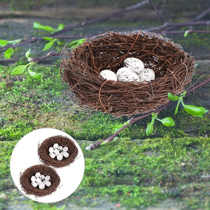 Toddmomy Artificial Bird Nest with Eggs for Easter Decor, 15cm Hand-Woven Rattan Birds Nests for Crafts, Natural Looking Faux Birdhouse Figurine for Outdoor Garden Party Tabletop Ornament