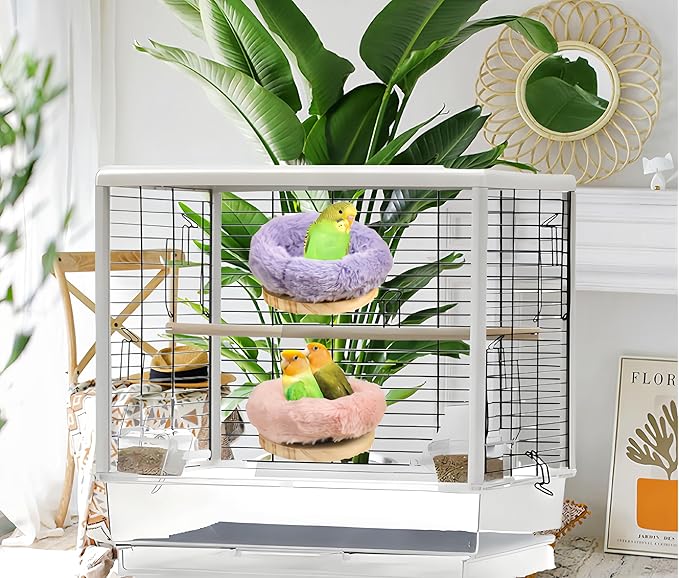 2Pcs Bird Perch Stand Platform Plush Parrot Hanging Hammock Warm Bird Nest Snuggle Hut Birds Sleeping Bed Wood Perch for Parrot, Budgies, Parakeet, Cockatiels, Conure, Lovebirds-Purple&Pink