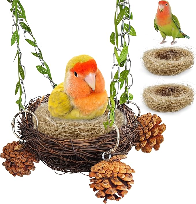 PINVNBY Natural Rattan Bird Nest for Cage Hanging Bird Bed Sugar Glider Swing Toys with Coconut Fiber Mat for Parakeet Cockatiel Lovebird Conure Sugar Glider Canary