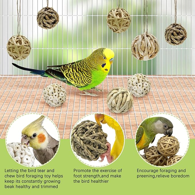 BNOSDM 8PCS Sola Balls Shred Toy Natural Bird Chew Toys Lightweight Conure Foot Toy Interactive Parrot Foraging Toys Bird Chew Balls with Hemp Rope Hook for Budgies Cockatiels Parakeets Senegal