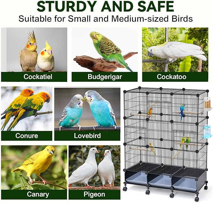 VISCOO Encrypted Bird Cage (46" x 36" x 12"), with Wooden Perches, Metal Parakeet Cage with Slide-Out Tray, Water Bottle&Feeder, Bird Cages for Parrot,Parakeets,Cockatiel,Small Mid-Sized Birds
