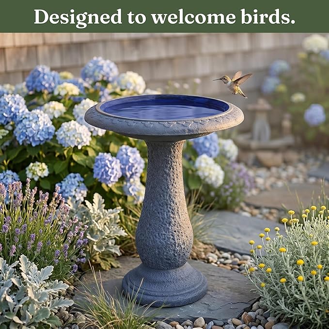 Pedestal Bird Bath Bowl 23 Inch Sea Blue - Stone-Resin Composite Bird Baths for Outdoors - Decorative Standing Outdoor Garden Decor for Front Porch Patio Yard Backyard Lawn Ornament