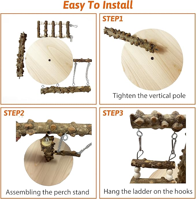 Natural Wood Parrot Play Stand, Bird Gym with Ladder and Swing, Training Station, Climbing Playground for Budgies, Cockatiels, Lovebirds,Conures Small to Medium Birds