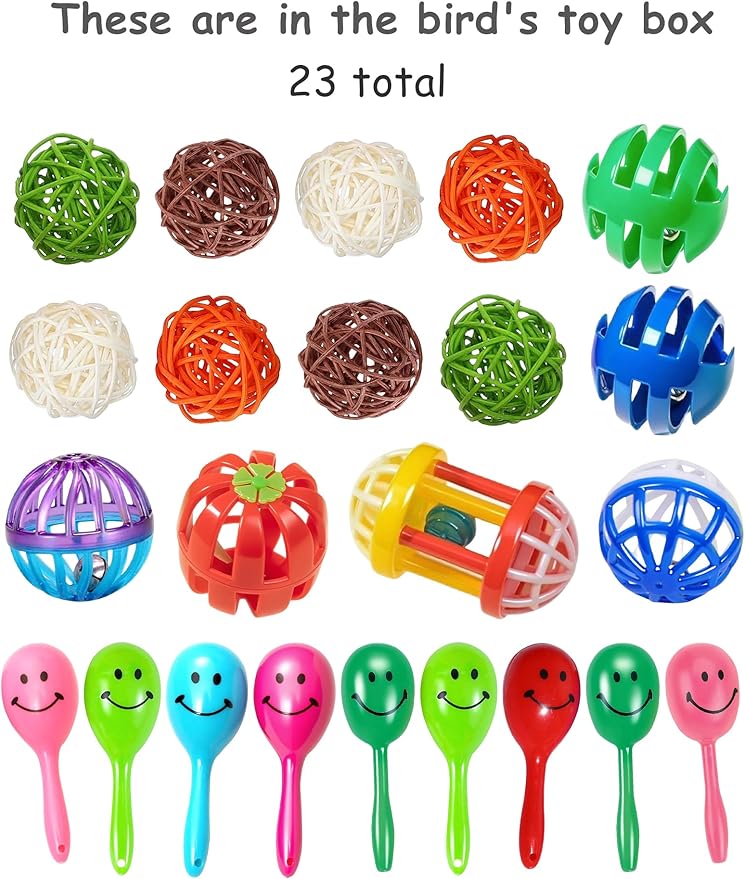 23-Pack Bird Toys for Parrots – Colorful Bells & Woven Balls for Fun Exercise & Mental Stimulation, Fits Small to Large Birds (1.6'' - 2.8'')