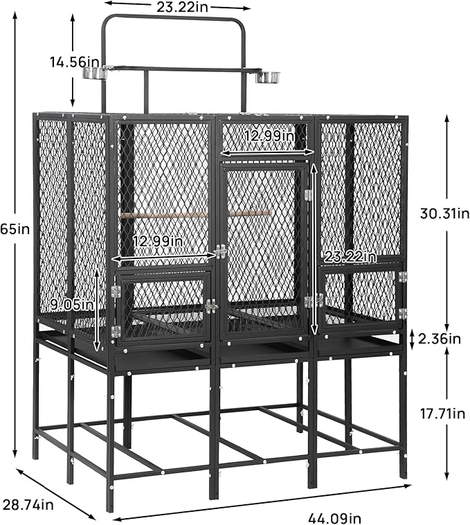 44" W x 65" H Large Bird Cage with Detachable Playtop – Heavy Duty Carbon Steel Flight Cage for Cockatiels, Parakeets, Conures & Lovebirds (Indoor & Outdoor Use)