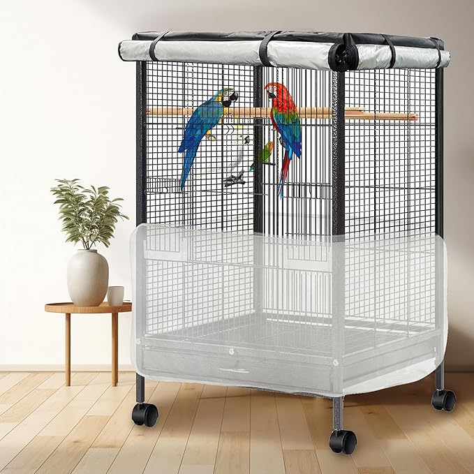 Bird Cage Cover, 600D Universal Parrot Cage Cover for Night, 100% Shading Oxford Cloth with Waterproof PU Coating Layer, Adjustable Soft Airy Nylon Mesh Net