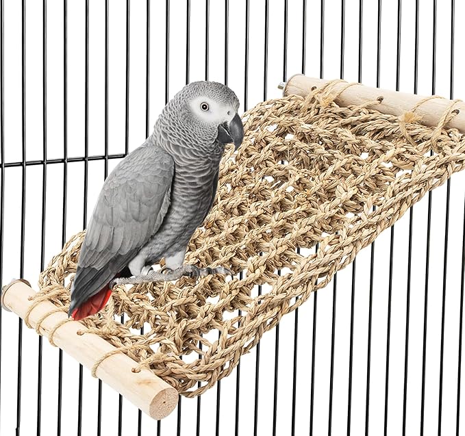 Bird Ladder Perch for Cage, Conure Seagrass Ladder Bridge Exercise Stands, Natural Hand-Woven Net Amazon Parrot Climbing Chewing Hammock, Cage Accessories for Lovebird Conure Budgie Parakeet