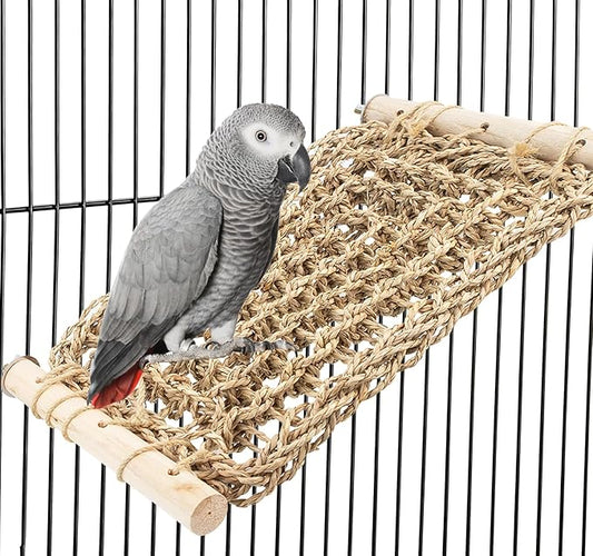 Bird Ladder Perch for Cage, Conure Seagrass Ladder Bridge Exercise Stands, Natural Hand-Woven Net Amazon Parrot Climbing Chewing Hammock, Cage Accessories for Lovebird Conure Budgie Parakeet