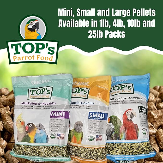 TOP's Parrot Food Bird Pellets for Small Hookbills - Non-GMO, Peanut Soy & Corn Free, USDA Organic Certified (10lbs)