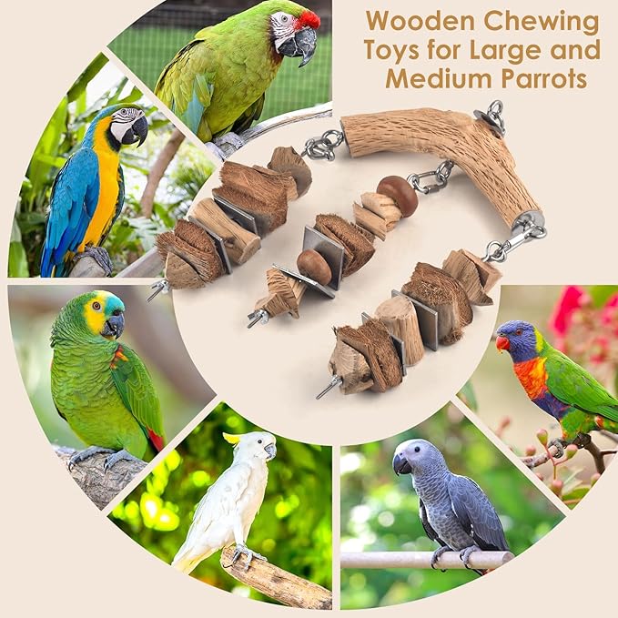 DBNESS Bird Parrot Toys, Hanging Medium Large Birds Wooden Chew Blocks with Stainless Steel Natural Chewing Cage Bite Toy for Macaws African Greys Cokatoos Amazon Parrots Similar Sized Pet Parrots