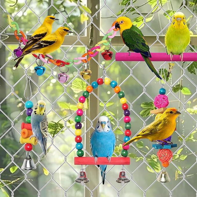 Bird Toys for Conures with Colorful Hammock Bird Cage Accessories Wooden Perch Stand Hanging Bell Birds Chewing Toys for Parrot Parakeet Budgerigar Cockatiel Lovebirds
