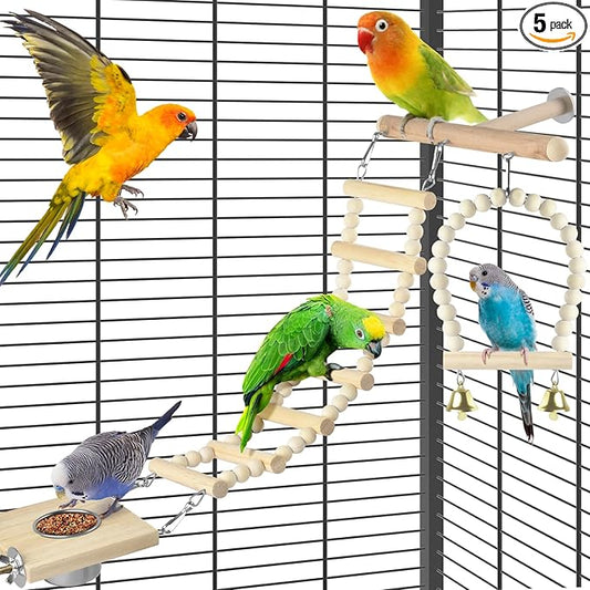 DBNESS Bird Perch Toys, Wooden Ladder Perch for Cage, Parrot Platform Stand Colourful Swing Hammock Climbing Bridge Exercise Cage Accessories for Budgies Cockatiels Lovebirds Hamster (5 in 1)