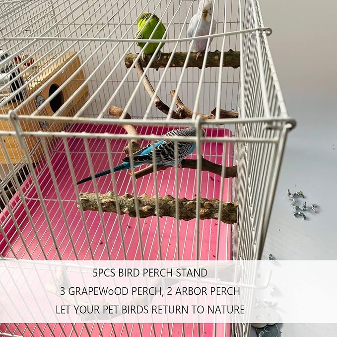 5 PCS Natural Wooden Parrot Stand Bird Perch Stand Grape Stick Hanging Multi Branch Perch for Parrots, Bird Cage Accessories