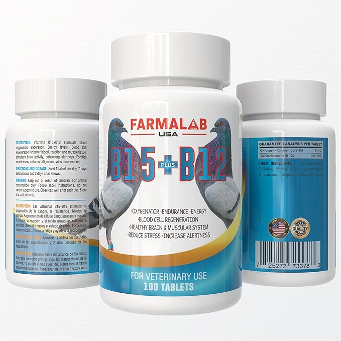 B15 B12 para Palomas Pigeon Vitamin Supplement, 100 Tablets, Energy and Endurance Formula Farmalab