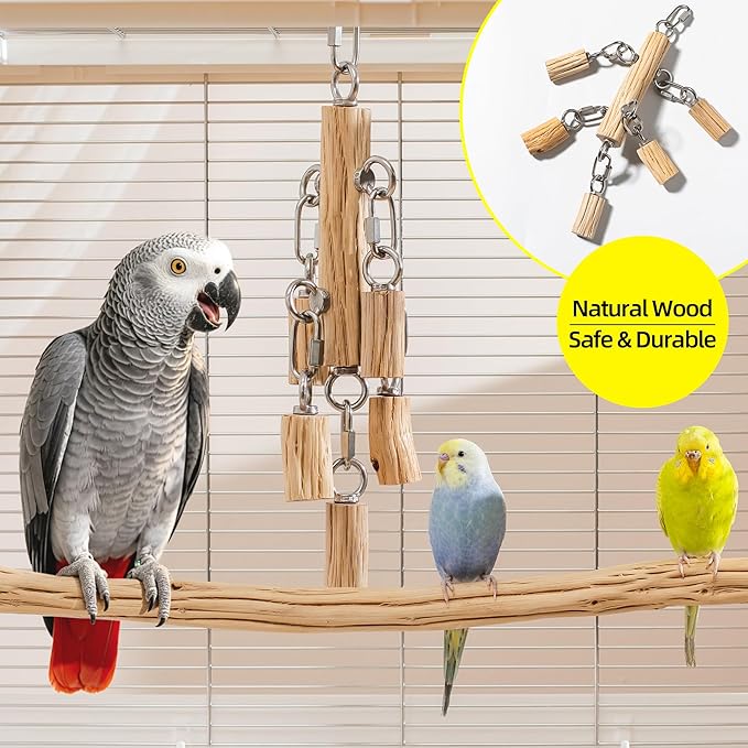 Natural Hardwood Parrot Chew Toy for Large Birds, Heavy Duty Wooden Bird Toy with Stainless Steel Hardware, Cage Hanging Enrichment Toy for Macaws, Cockatoos, African Greys