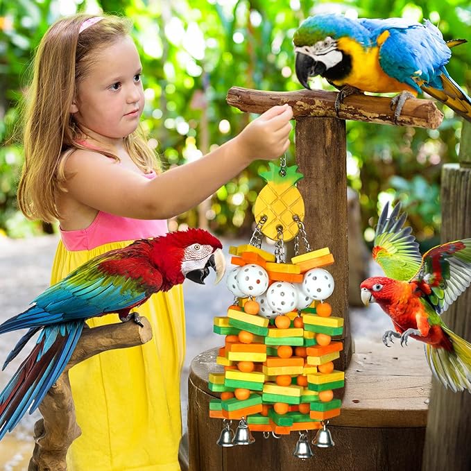 Large Wooden Bird Toys for Parrots, Cockatoos, Cockatiels, and Parakeets, Safe and Durable Shredding Cage Toy for Engaging Play (Pineapple)