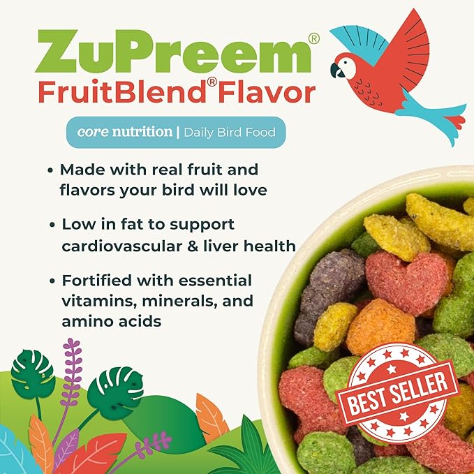 ZuPreem FruitBlend Parrot Pellets - Vitamin Fortified Large Bird Food for Parrots, Conures, African Greys, Caiques, Senegals, Amazons, Eclectus, and Small Cockatoos, 2 lb (Pack of 2)