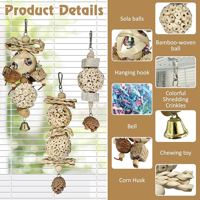 BNOSDM Hanging Bird Toy Sola Balls 3PCS Parrot Shredder Balls Natural Parakeet Foraging Toy Wood Bird Cage Chew Toys for Cockatiel, Budgie, Sun Conure, Quakers, Lovebirds (A)
