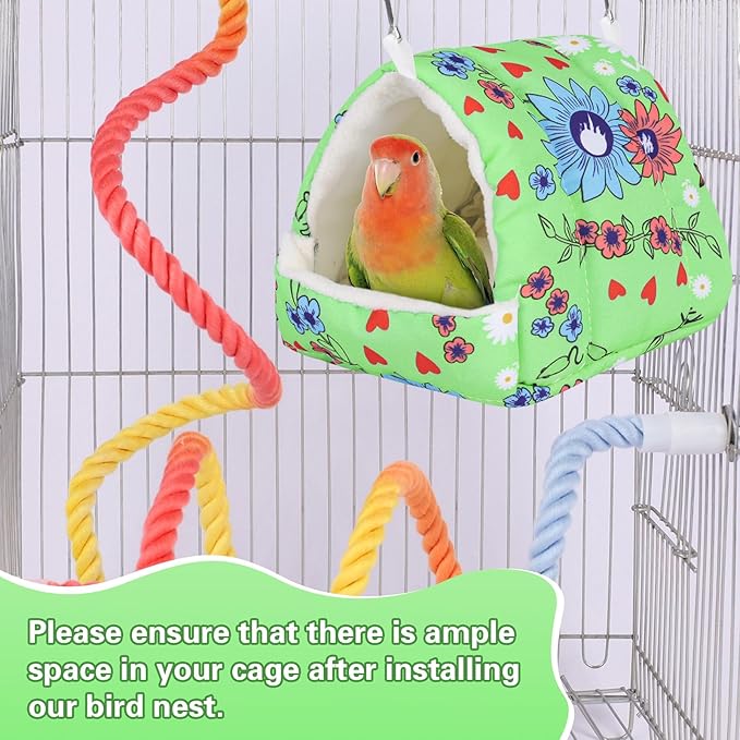 Bird Bed for Cage Warm Winter Nest Hammock with Hanging Hook Cage Accessories for Small Birds Parakeets Cockatiels Love Birds Cockatiels Conures Hamster (Green, M)
