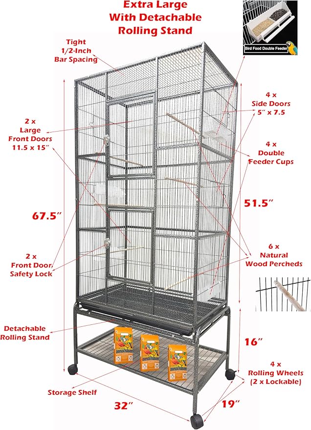 Extra Large 32" x 19" x 67.5"H Wrought Iron Tight Bar Spacing Breeding Flight Canary Parakeet Cockatiel Lovebird Finch Breeder Cage Side Doors Double Feeder Cup with Detachable Rolling Stand