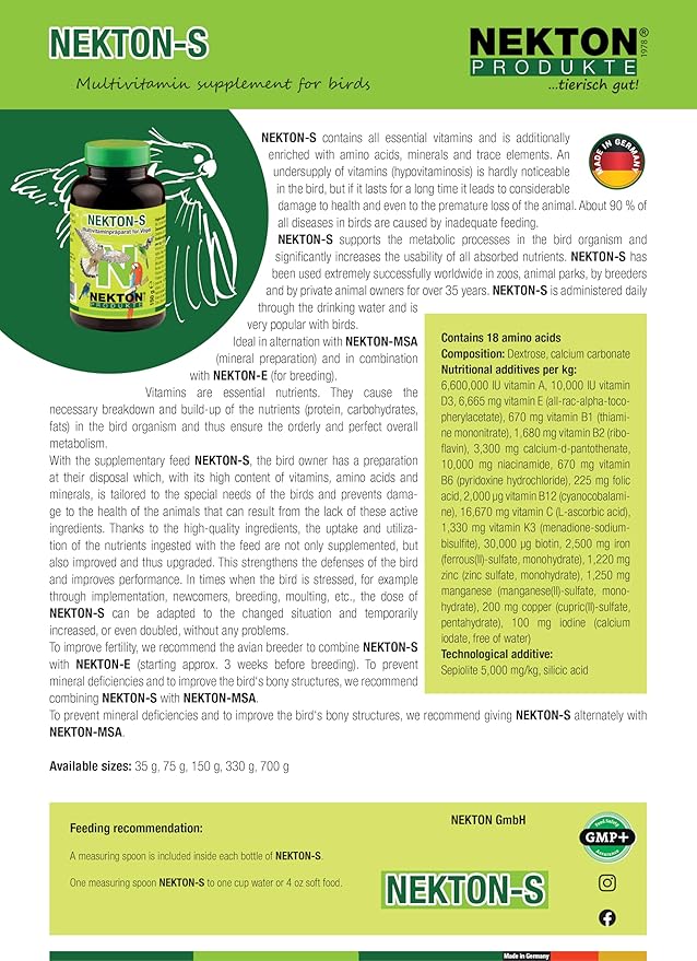 Nekton S Multi-Vitamin for Birds, 700gm, Model: 201750