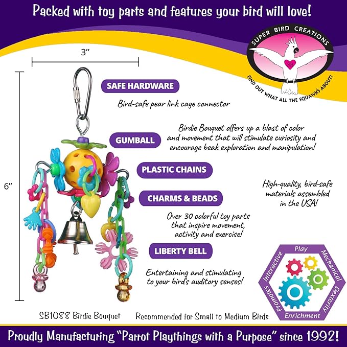 Super Bird Creations SB1088 Birdie Bouquet - Engaging Bird Toys, Enrichment for Parrotlets, Parakeets, Cockatiels & More, Colorful Toy Parts - Small/Medium Birds, 6" x 3" x 2"