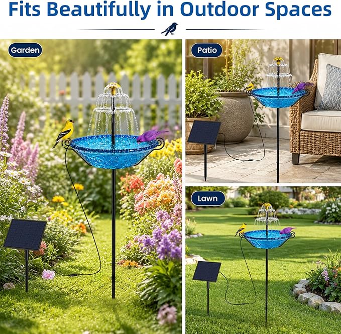 Bird Bath for Outside with Solar Fountain, Plastic Bowl on Metal Stake and Ground Stand, Freestanding Garden Accent for Yard and Patio (Blue(XL))