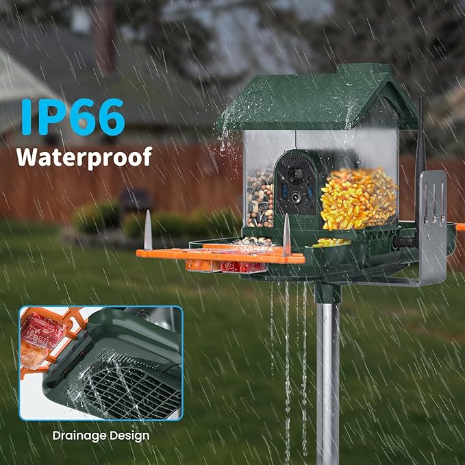 Bird Feeder with Camera and Bath, Dual-Lens 2K HD Video, AI Bird Identification, Solar Powered, Instant Alerts, IP66 Weatherproof