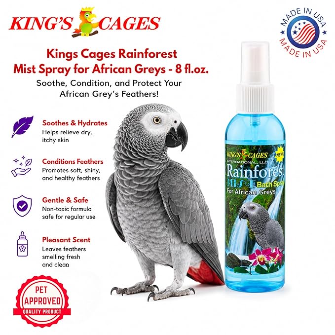 King's Cages Rainforest Mist Spray African Grey 8 oz. Feather Conditioning Spray with Baby Powder Scent for Medium Bird Breeds Skin Relief and Plumage Care