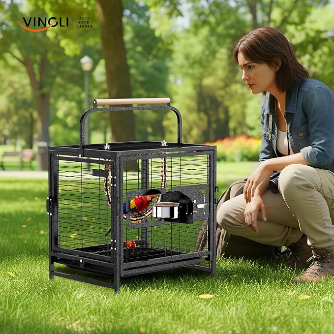 VINGLI Small Bird Cage, 25 inch Travel Carrier Bird Cage with Handle, Wrought Iron Parakeet Cage with Wooden Perch for Parrot Lovebirds Finches Small/Medium Birds (Hammertone Black)
