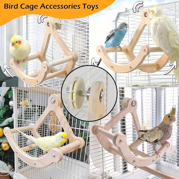 Bird Perch Toy, Interactive Rocking Parakeet Toys and Perches, Wooden Exercise Wheel Cockatiel Toys, Intelligence Puzzle Birds Enrichment Toy for Parrot, Bird Cage Accessories Perch for Budgies Conure