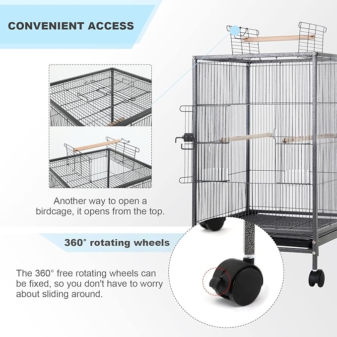Bird Cage 35 Inch Wrought Iron Birdcages Play Top Flight King Bird Cage for Parakeets Cockatiels Parrot Green Cheek Conures Pigeons Lovebird with Rolling Stand