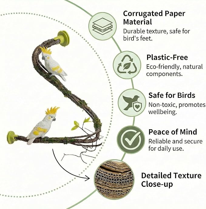 Large Natural Bird Perch for Cage, Bendable Tree Branch Parrot Perch Stand with Leaf Design, Bird Cage Accessories for Macaw, African Grey Parrot, Cockatiel, Cockatoo (Large)
