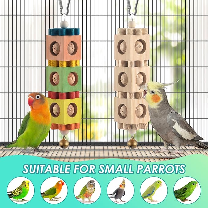 DBNESS 2 PCS Bird Chew Toys for Beak Grinding, Hanging Rotating Wood Block with Bell Parrot Foraging Enrichment Chewing Toy for Small to Medium Conure Cocktie Caique Similar Sized Pet Birds