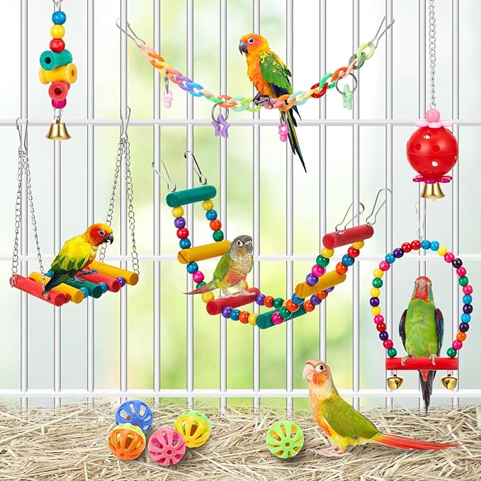 12 Pcs Parakeet Cockatiel Bird Toys, Parrot Swing Chewing Hanging Toys, Colorful Style Parrots Cage Accessories, Interactive Chew & Climb Play Set (Basic Style)