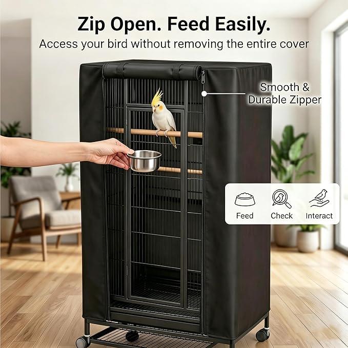 Universal Bird Cage Cover,Good Night Bird Cage Cover Good Night Blackout Breathable Cover with Zipper Panel for Parrot Parakeet Cockatiel Cages, Washable & Durable (33L x 23Wx 41H Inches)