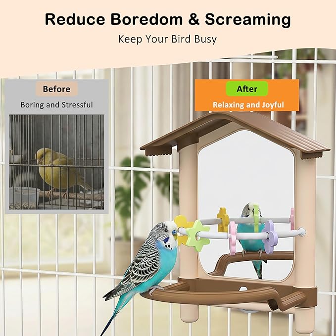 2-in-1 Bird Mirror with Perch Stand and Rotating Star Toy with Sound, Parakeet Cage Accessories Set for Small Birds, Budgies and Cockatiels, Secure Twist-Lock Installation