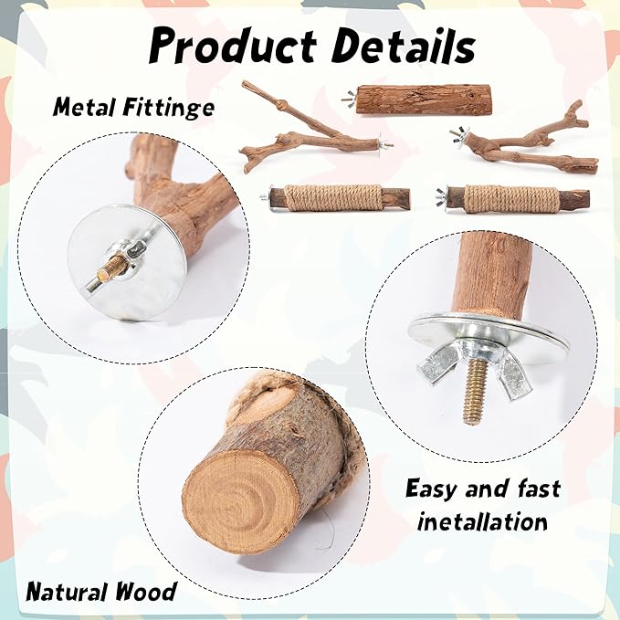Natural Wood Bird Perches - 6PCS Wooden Parrot Stand Platform, Parakeet Climbing Standing Branches Toys, Paw Grinding Stick Fork Chewable Cage Accessories for Cockatiels Conure Lovebird Budgies