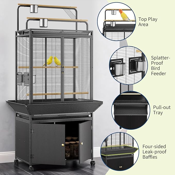 GarveeLife Large Bird Cage, Parakeet Cage with Play Top & Storage Cabinet, Indoor Outdoor Birdcage for Parrot, Cockatiel, Macaw Budgie, Black Walnut Wood