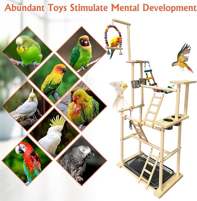 Hamiledyi Natural Wood Bird Playground Stand with 4 Large Layers - Exercise Perch for Parrots Cockatiels and Small Birds Indoor Bird Activity Center with Ladders and Swings